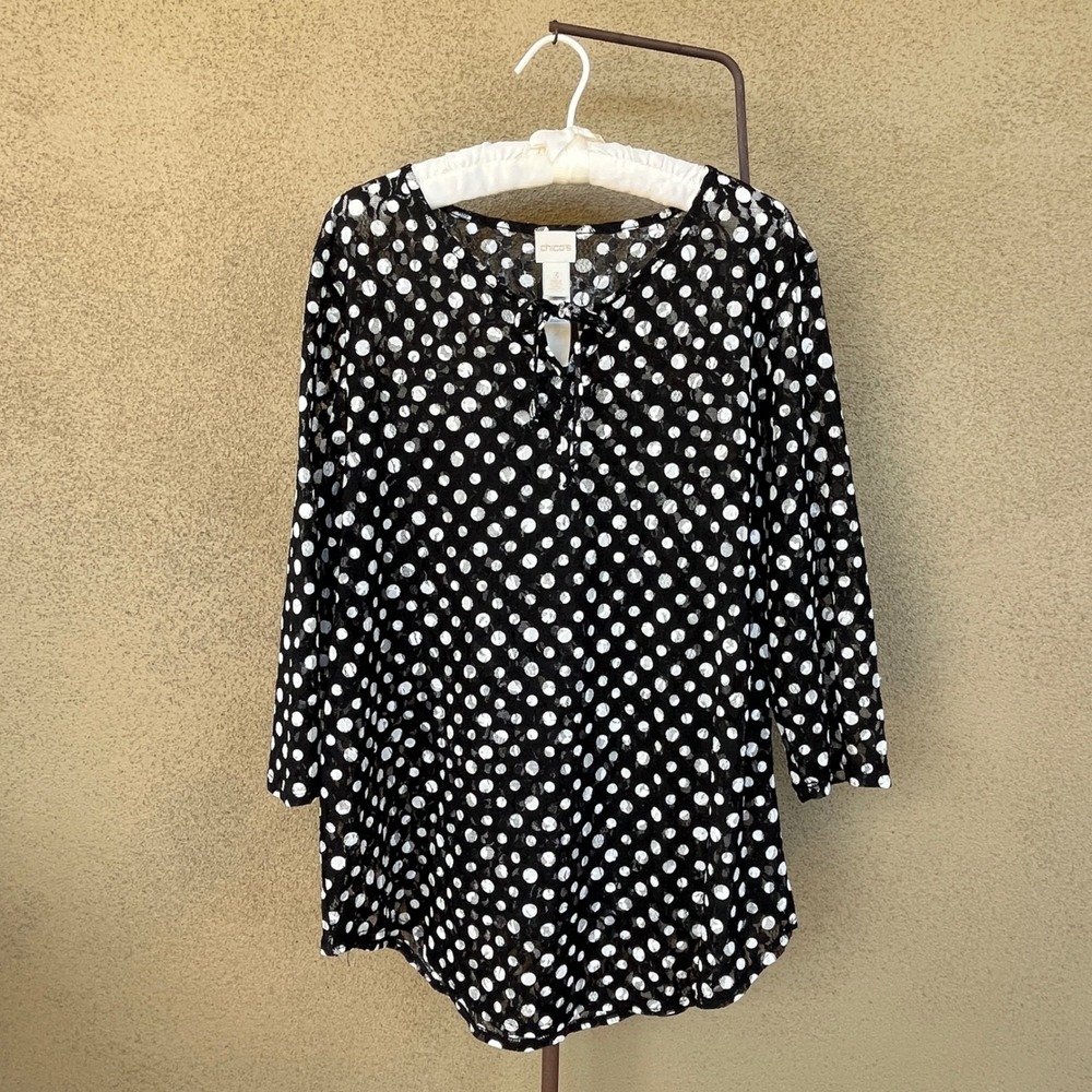 Chico's 3 Polka Dot Tunic Top Sheer Tie Neck 3/4 Sleeve Retro‎ Blouse Size XL